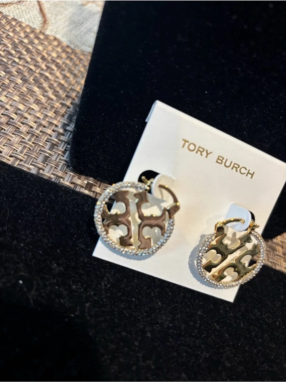 Tory Burch Gold Logo Crystal-Trim Round Drop Earrings